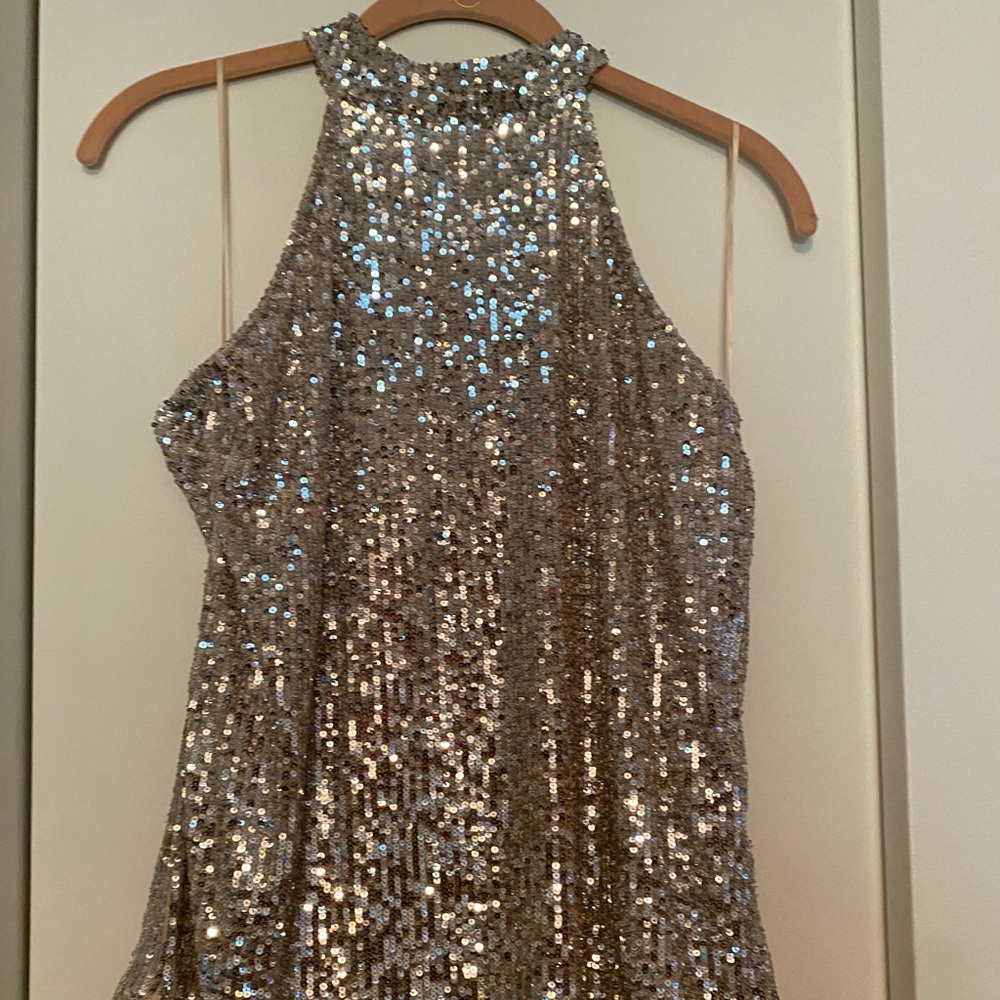Cable and gauge sequin halter top silver size S